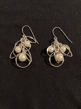 Sterling-Tone Pearl Cluster Dangle Earrings - Cream